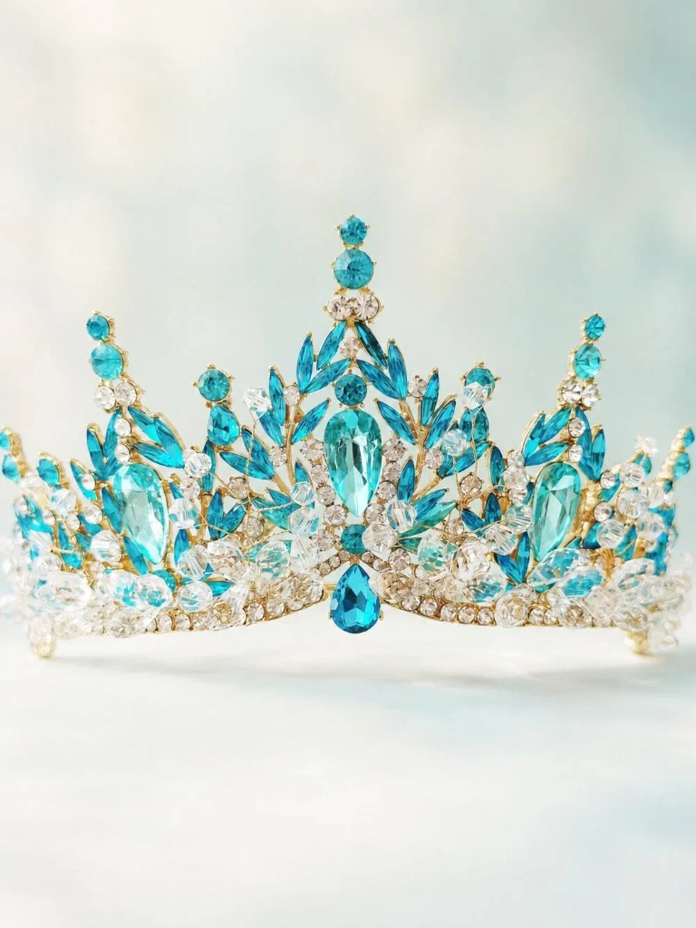 Aqua Blue Crystal Tiara, Gold Crown for Weddings, Pageants and Quinceañeras
